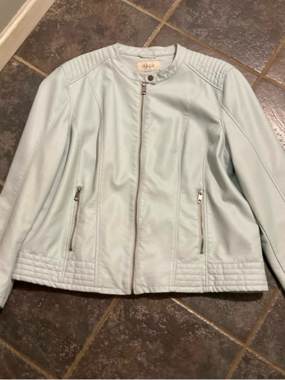 Style & Co. Pale Blue Faux Leather Moto Jacket Women’s Size L - Picture 9 of 10